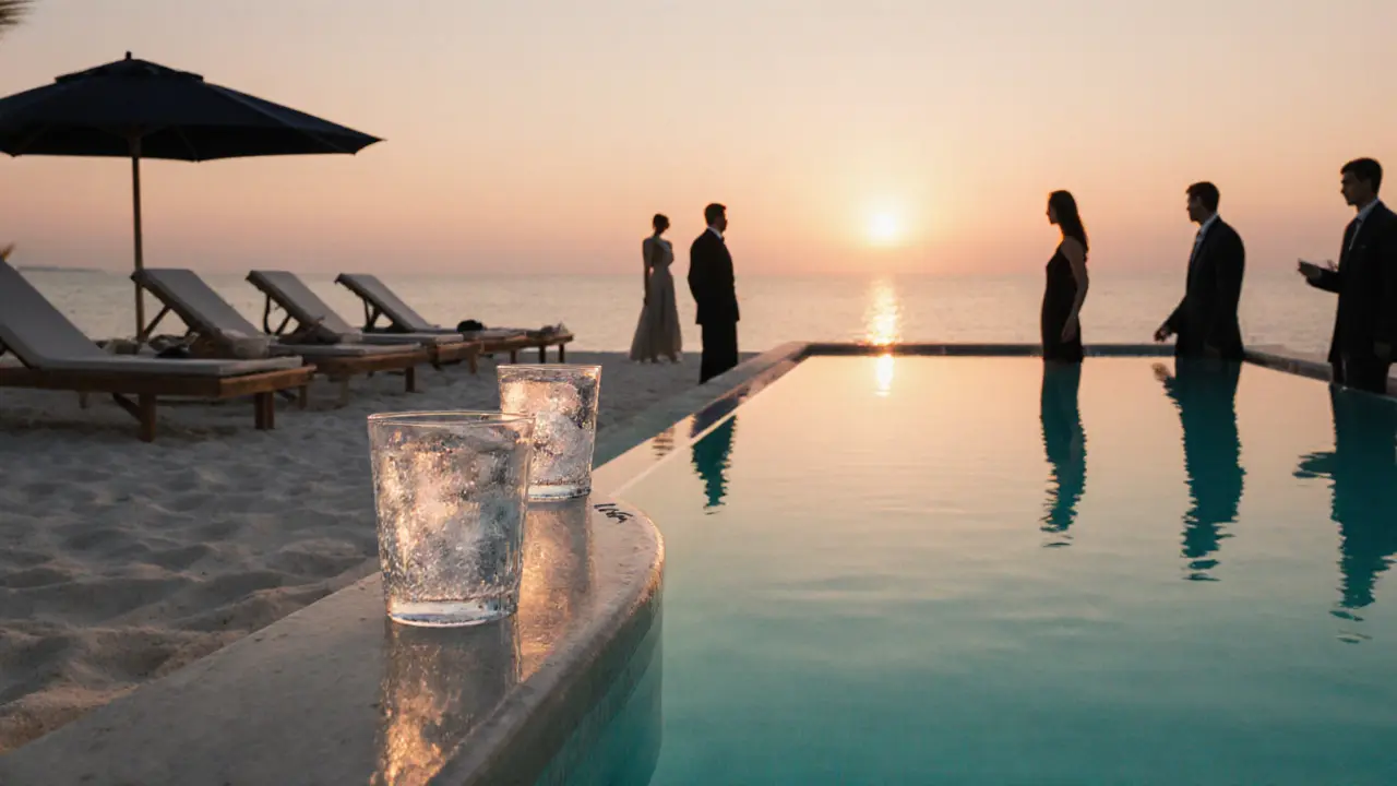 Luxurious beach club at sunset with Hermès loungers and glacial ice in cocktails.