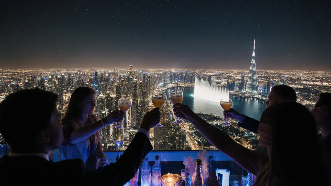 Luxury rooftop bar high above Dubai with panoramic city lights and the Burj Khalifa skyline.