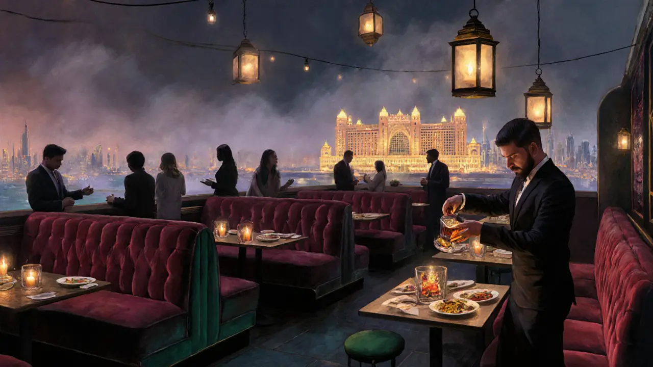 Luxury rooftop lounge with candlelit tables and the Emirates Palace glowing in the background at dusk.