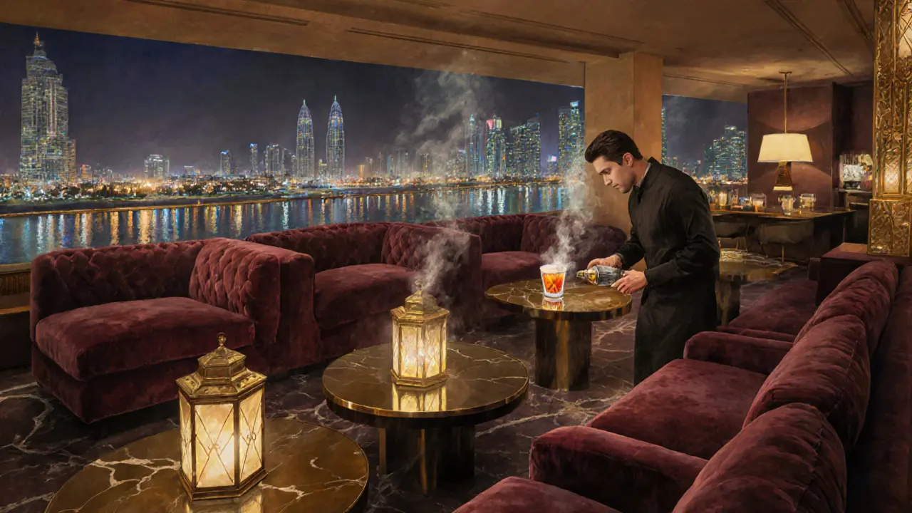 Modern Arabic lounge with brass lanterns and velvet seating, reflecting canal lights and a bartender pouring a specialty cocktail.