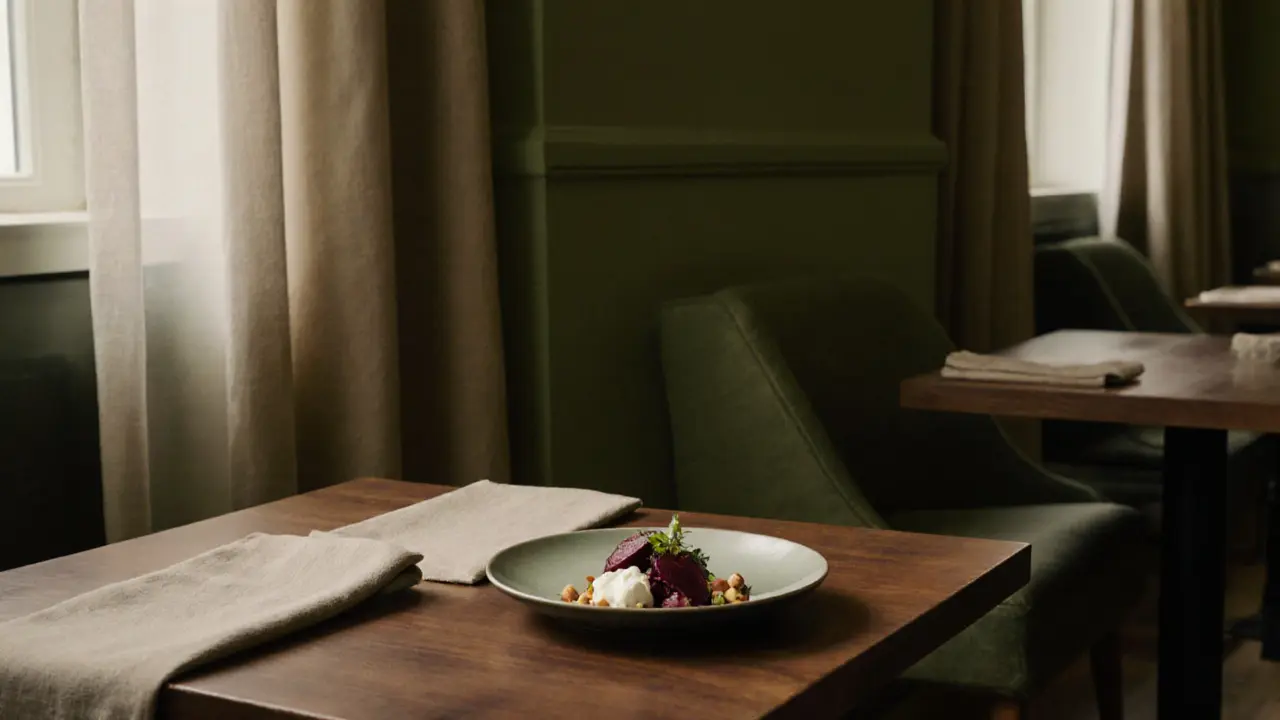 Modern British dining room with wooden tables, earthy tones, and a beautifully plated dish under natural light.