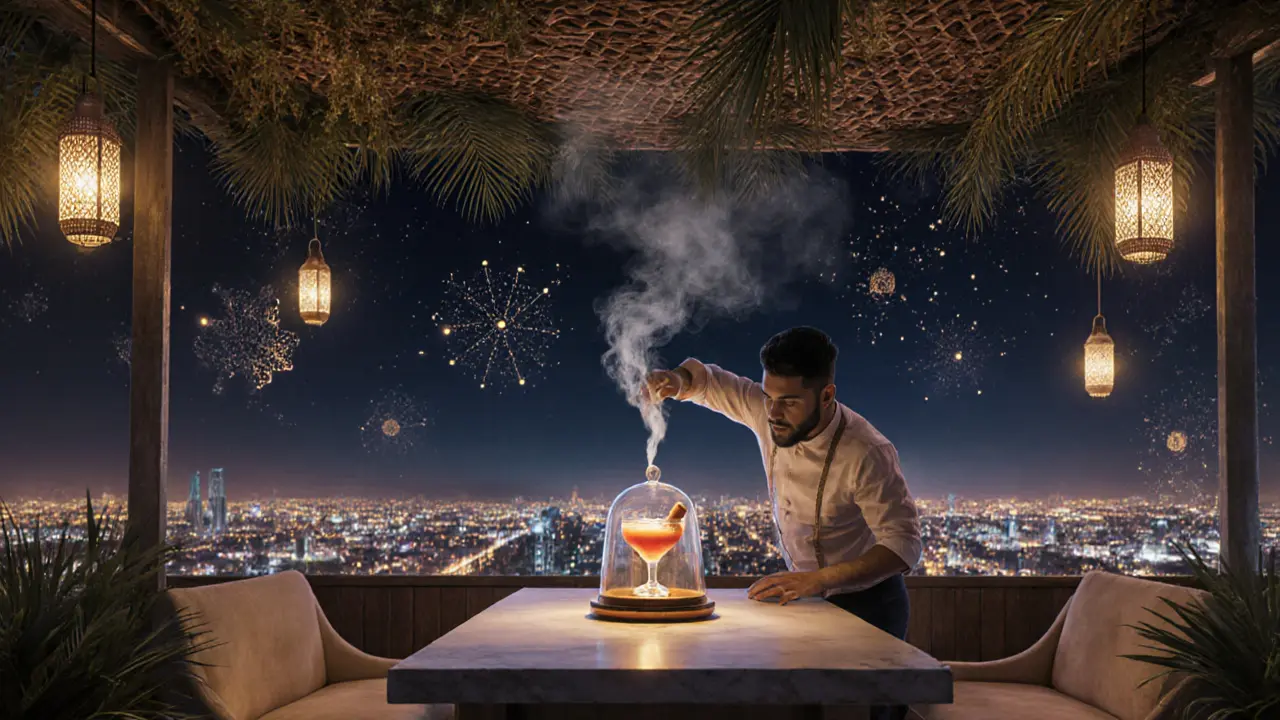 Mystical hidden rooftop lounge with smoke rising from a glass dome, floating lanterns, and starlit desert ambiance.