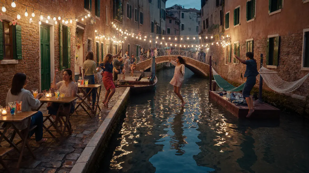 People dancing barefoot along Navigli canals under string lights and fairy decor.