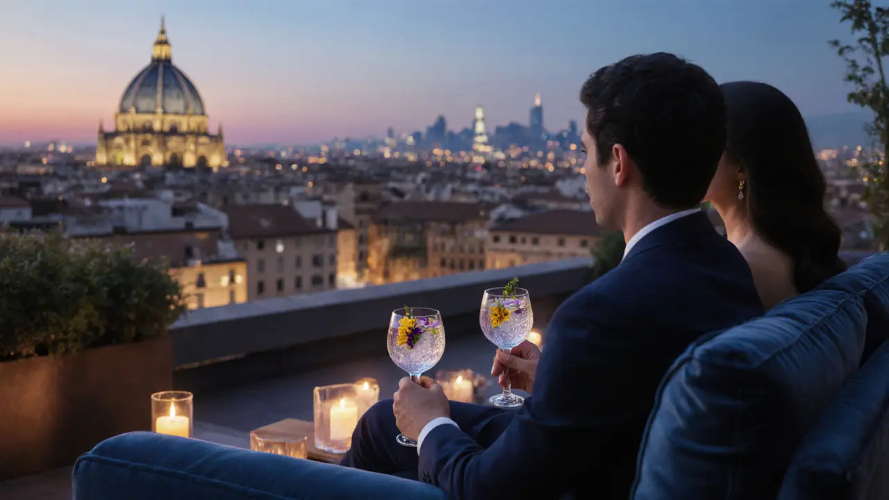Private rooftop terrace in Milan with glowing Duomo in background and candlelit cocktails.