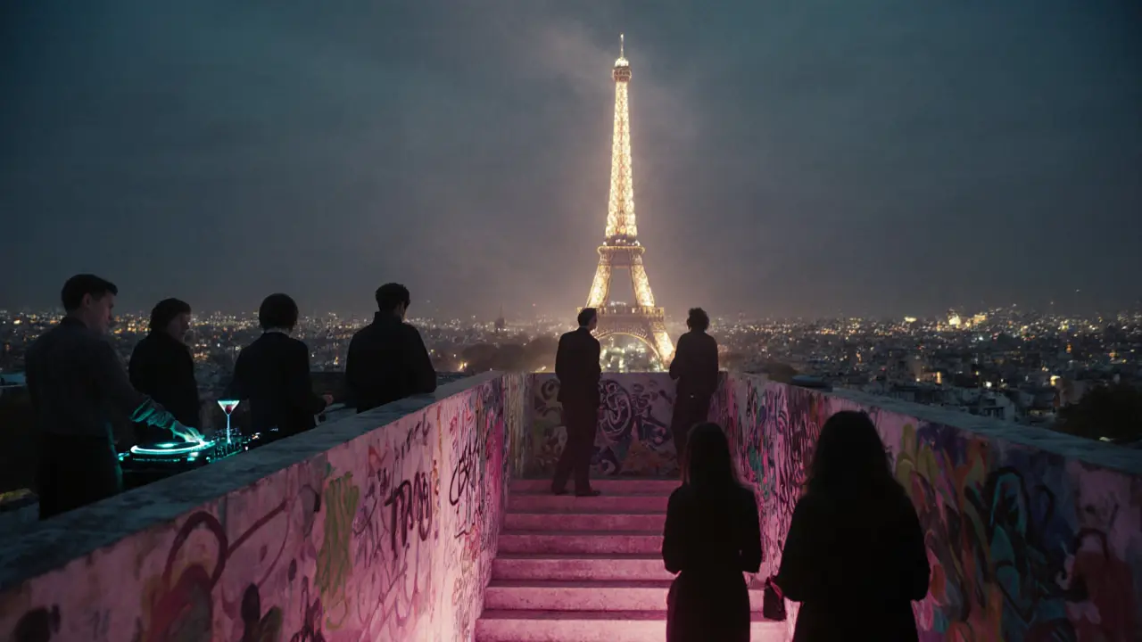 Rooftop bar overlooking the Eiffel Tower at night, people standing with cocktails as city lights glow around them.