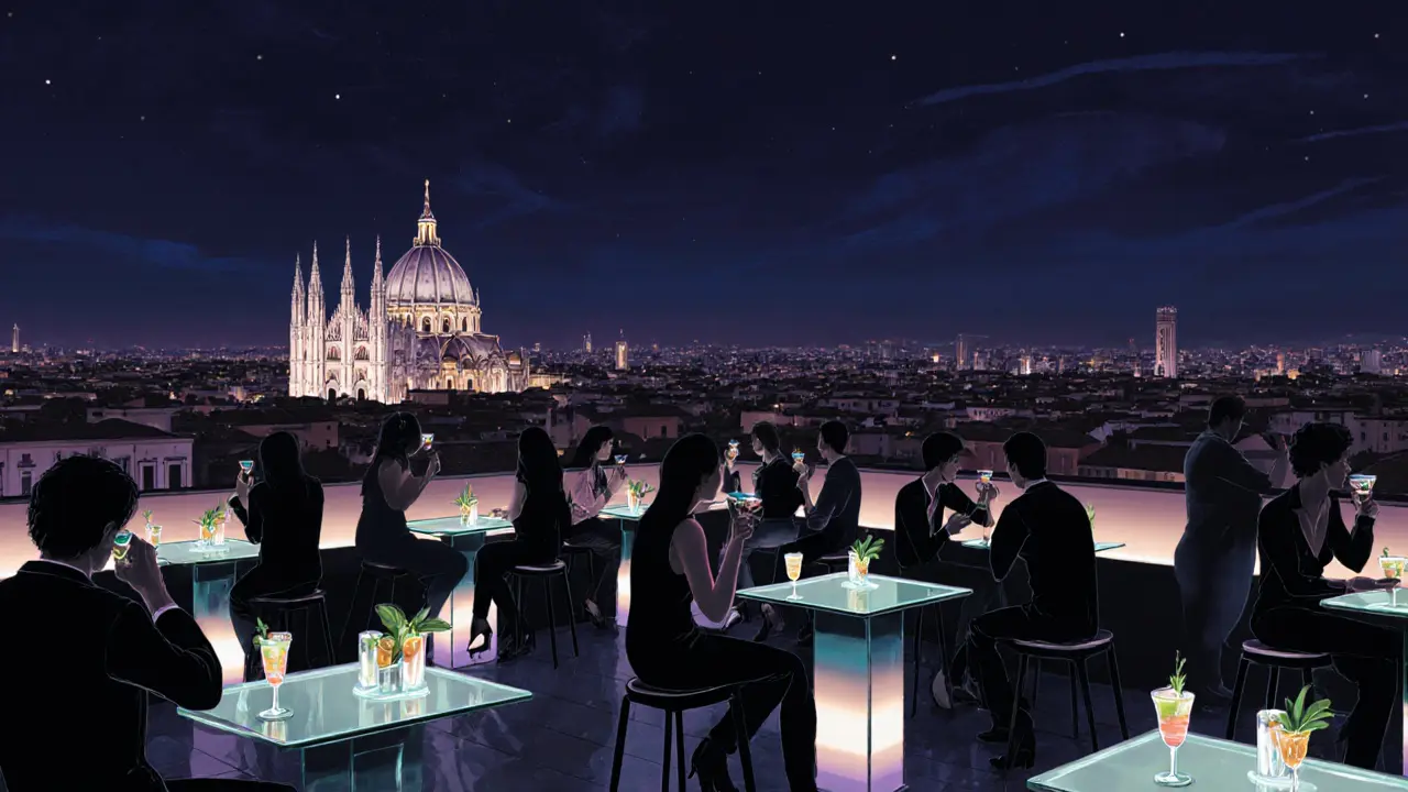 Rooftop lounge in Milan with view of the Duomo at night, guests sipping cocktails in stylish attire.