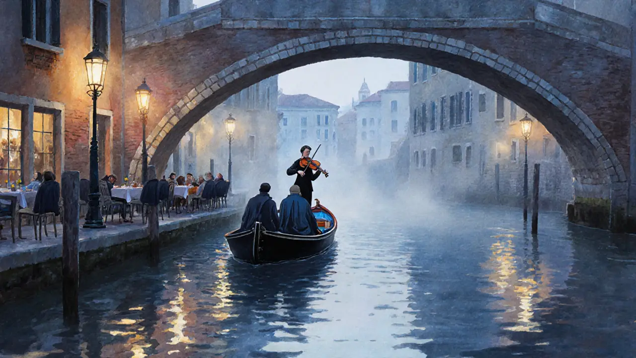 Silent boat on Navigli canal at twilight, lantern reflections and distant violinist.