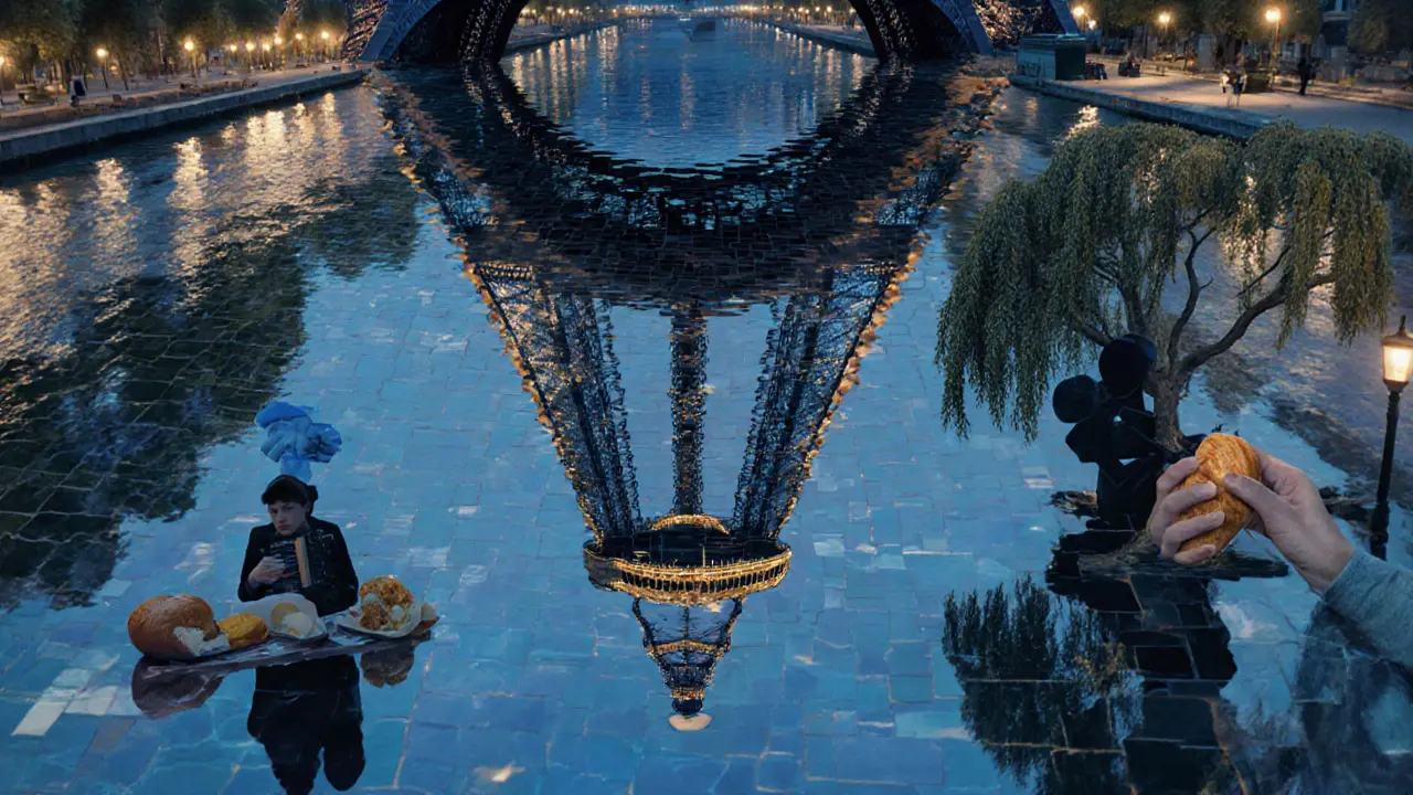 The Eiffel Tower reflected in the Seine as a mosaic of hidden Parisian life — cheese, books, bread, music.