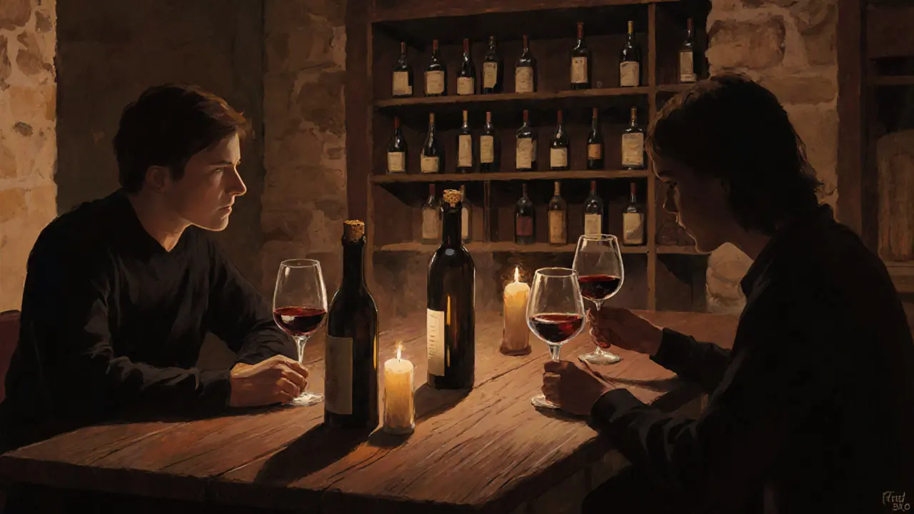 Two people enjoy a private wine tasting in a cozy Parisian cellar, lit by candlelight.
