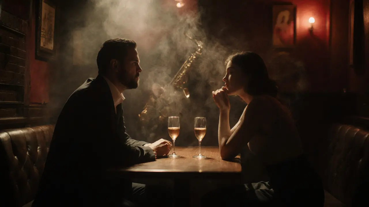 Two people sharing a quiet moment in a dim jazz bar, listening intently to music and each other.
