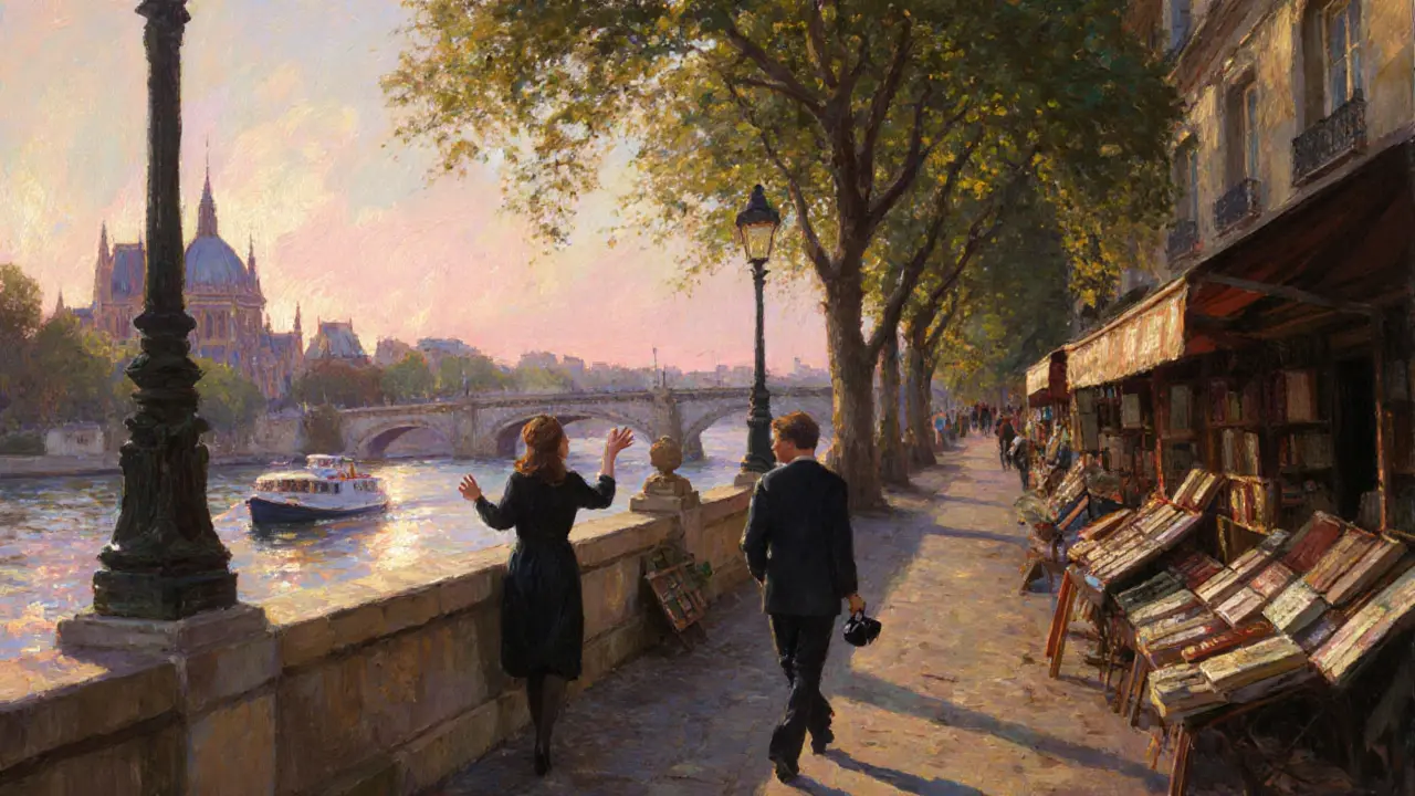 Two people walking along the Seine at dusk, passing bookstalls and the Musée d’Orsay.