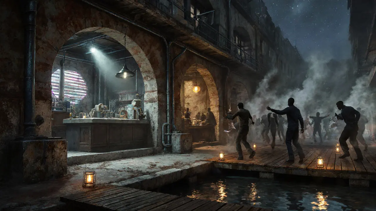 Underground club in a converted warehouse with three distinct music zones glowing in moody light.