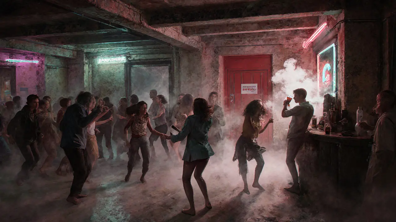 Underground warehouse club in Porta Ticinese with strobing lights, dancing crowd, and a hidden red door.