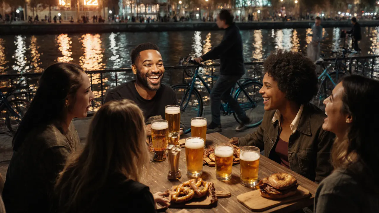 Vibrant crowd at Le 121 beside the canal with beer taps glowing in the background.