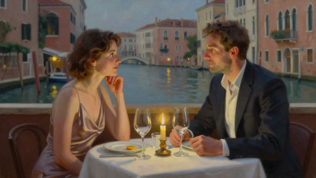 A couple shares a quiet dinner at a Michelin-starred restaurant in Navigli, candlelight reflecting on wine glasses.