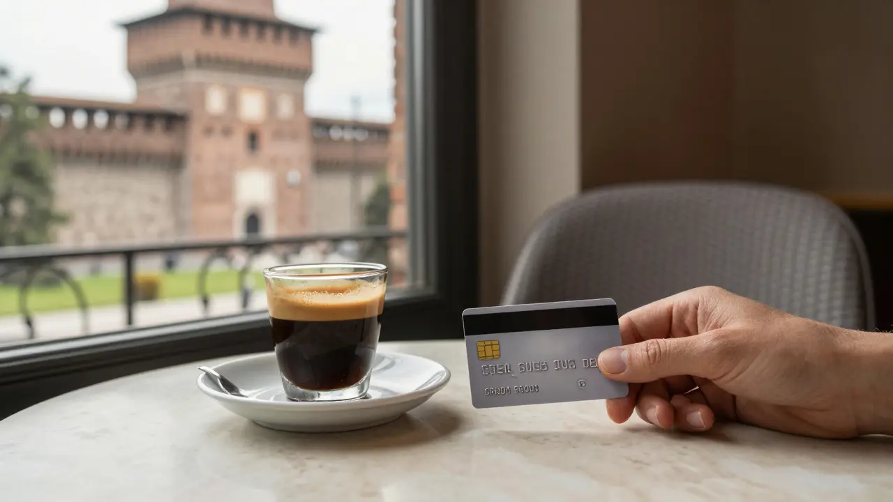 A credit card on a café table beside an espresso, symbolizing respectful, boundary-aware companionship.