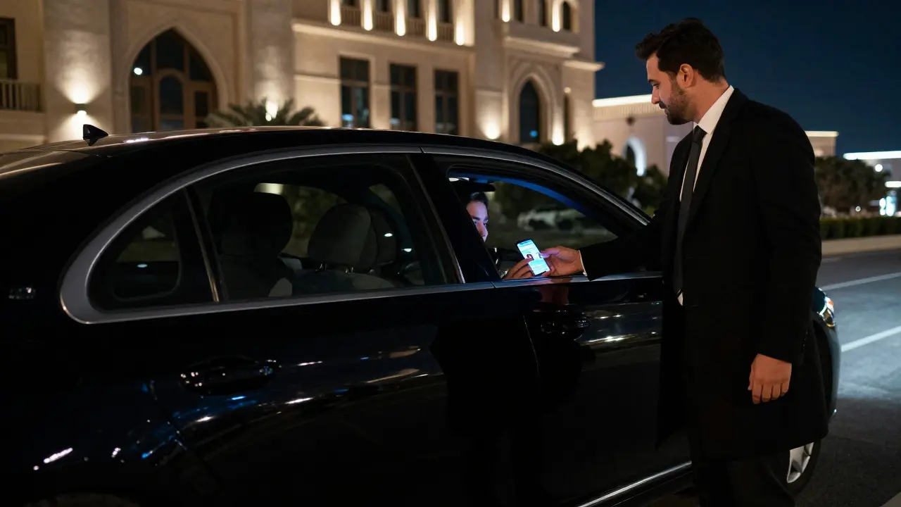 A discreet luxury car outside a Dubai hotel as a companion approaches with professional poise.