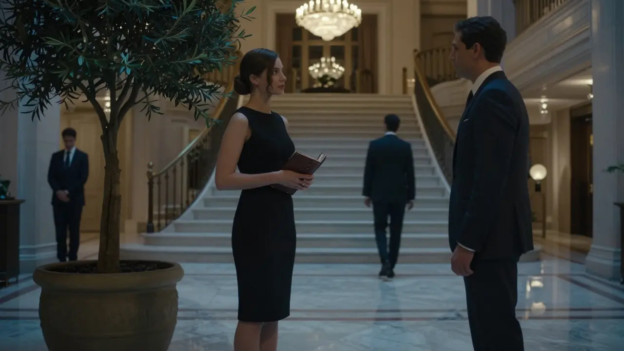 A discreet meeting in a luxury hotel lobby, with mutual recognition and quiet elegance.