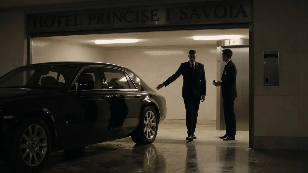 A discreet underground garage entrance where a staff member silently escorts a guest to a private elevator, no faces shown, only silhouettes.