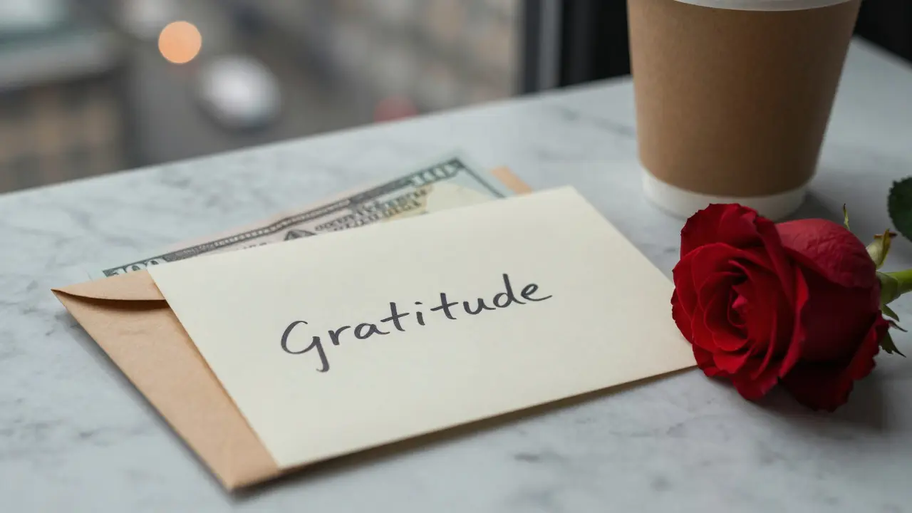 A handwritten note and cash envelope with a rose symbolize gratitude and confidentiality after a session.
