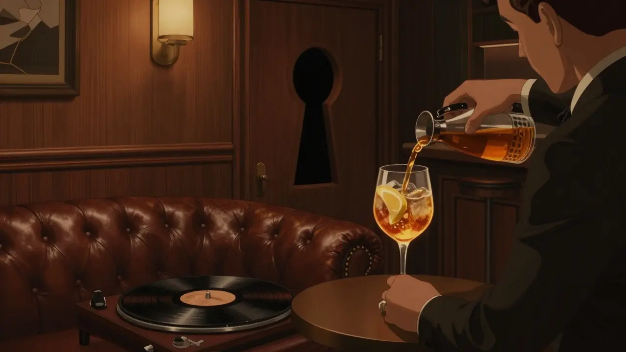 A hidden lounge with leather sofas and vinyl records, lit by warm amber light in a secret location.