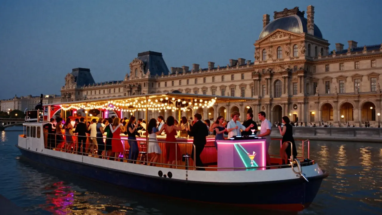 A lively floating bar on the Seine at night, people dancing under string lights with the Louvre glowing in the background.