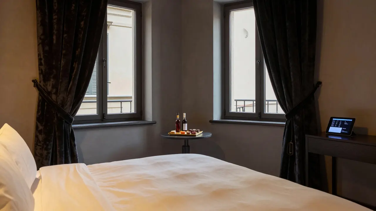 A luxurious hotel suite with blackout curtains, wine and chocolates on a table, no electronics or signage, emphasizing privacy and comfort.