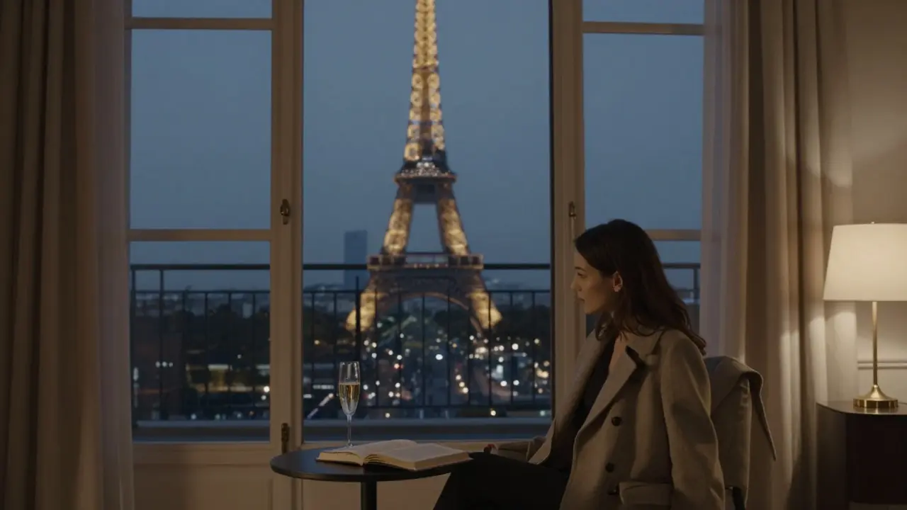 A luxurious Paris apartment at night, with the Eiffel Tower visible through the window and an empty chair holding a coat.