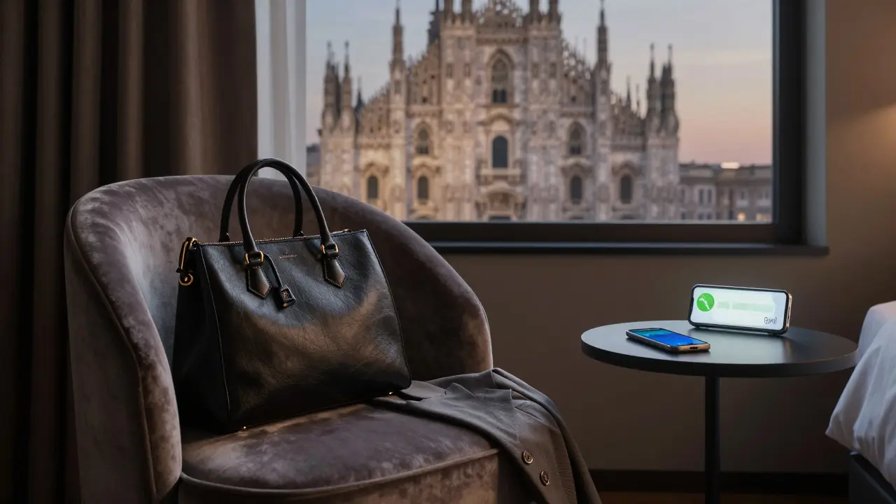 A luxury hotel suite in Milan with a blazer and handbag on a chair, the Duomo visible through the window at twilight.