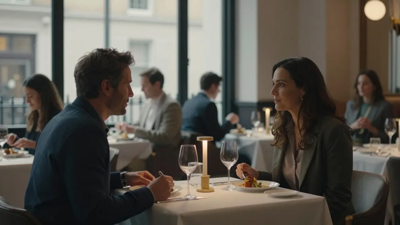 A man and woman share a quiet, dignified dinner at a candlelit London restaurant.