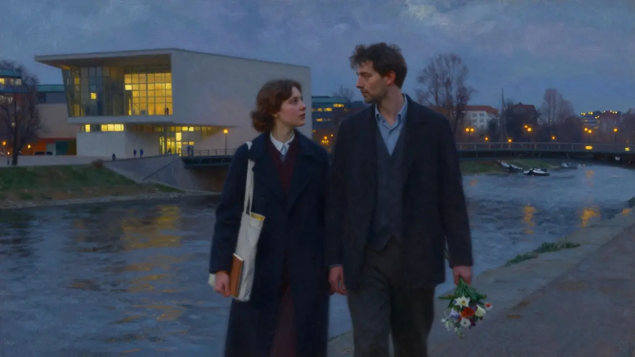 A man and woman walk calmly along the Spree River at twilight, passing a museum, engaged in quiet conversation.