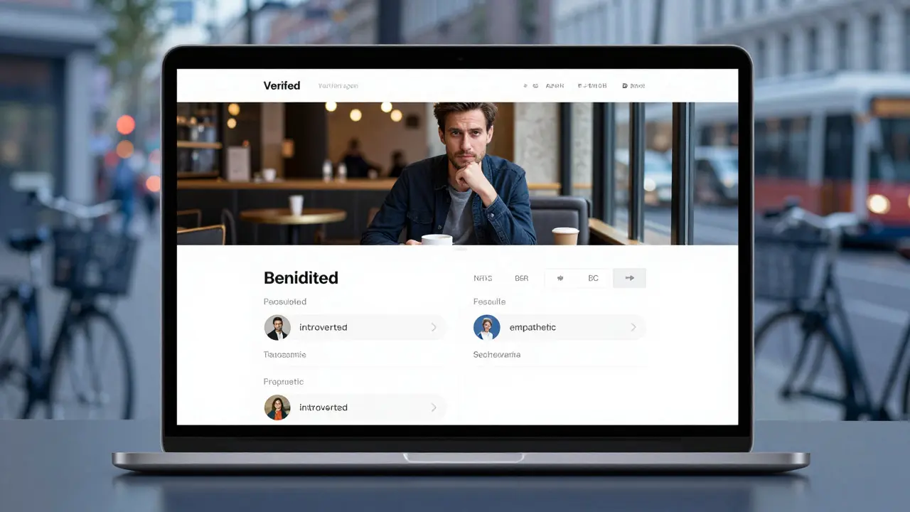 A man views verified escort profiles on a laptop screen in a Berlin café, surrounded by the city's quiet energy.