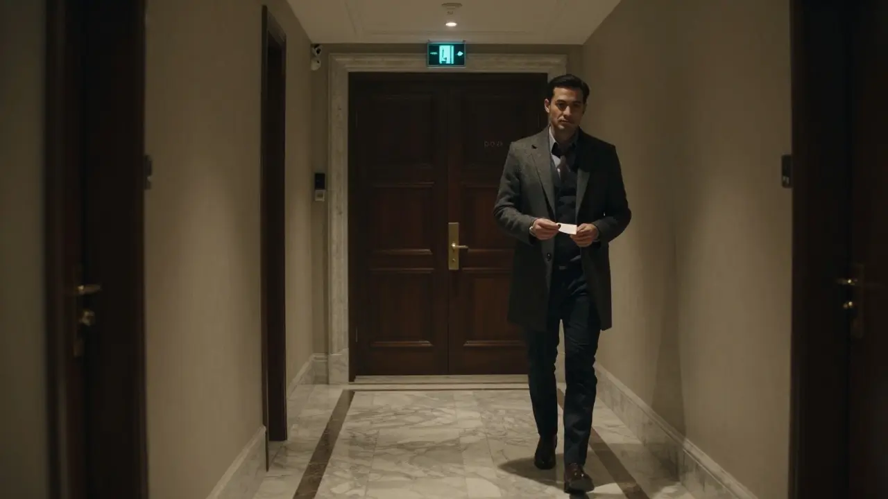 A man walking away from a hotel room at night, holding a receipt, in a quiet, upscale corridor with subtle security presence.