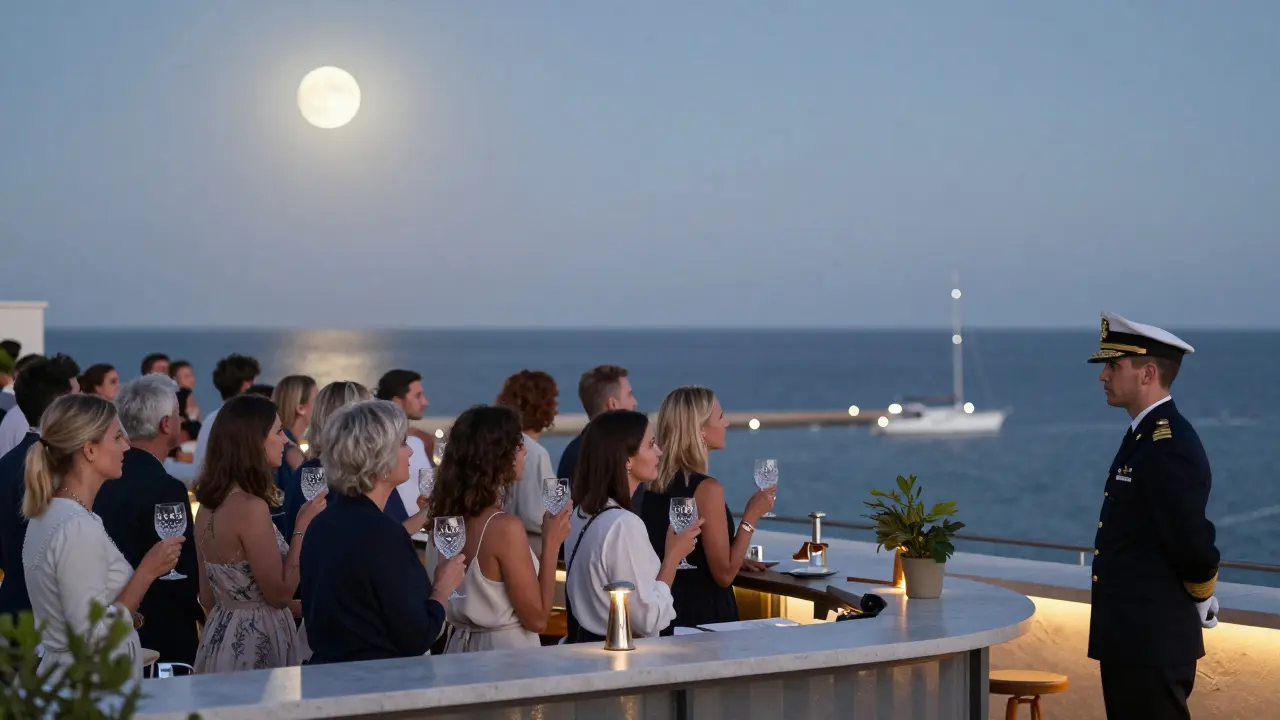 A moonlit rooftop bar overlooking Monaco's coastline, guests holding etched crystal glasses in silence.
