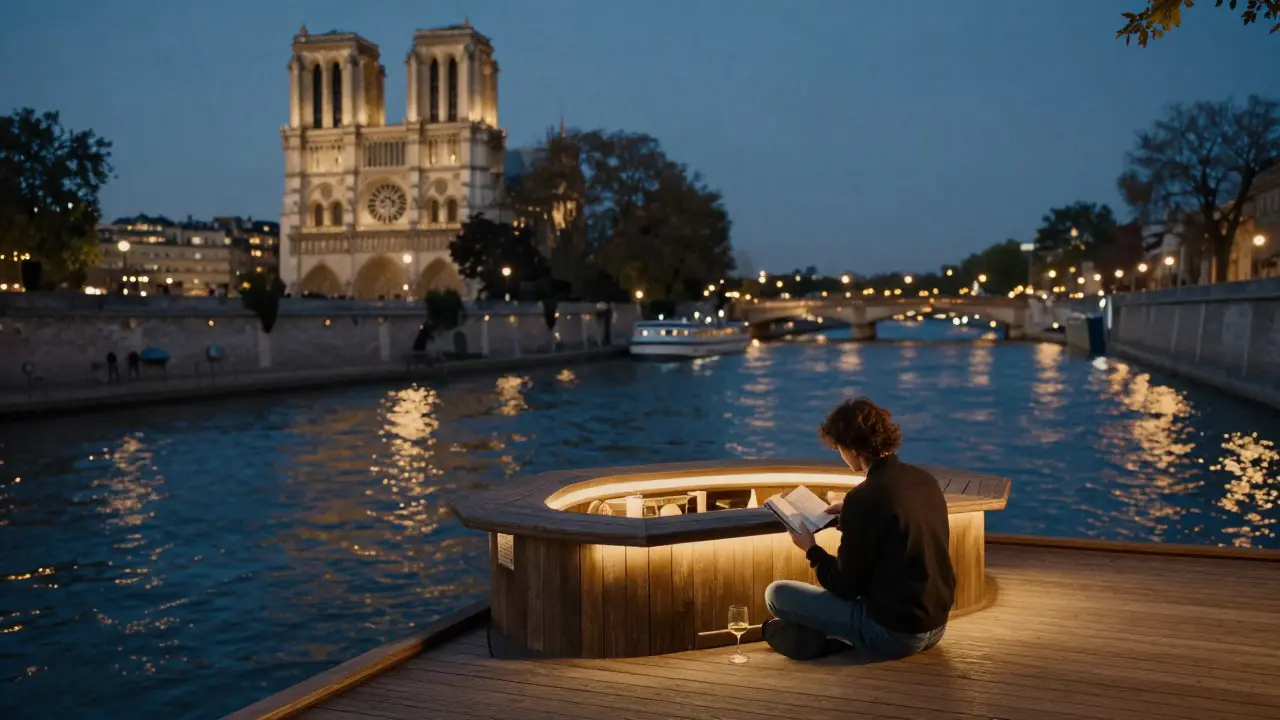 A person reading at a floating bar on the Seine at night, city lights reflecting on water.