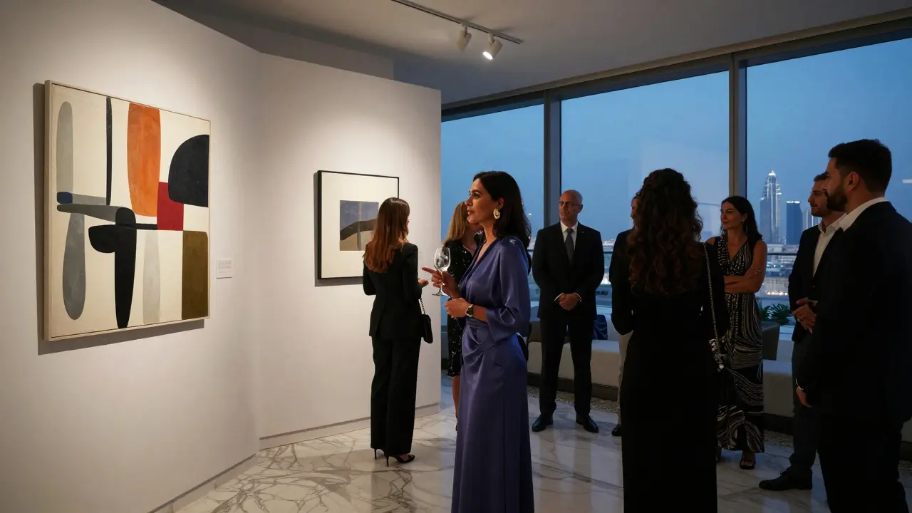 A poised woman blends into a private art gallery event on a rooftop lounge in Abu Dhabi.