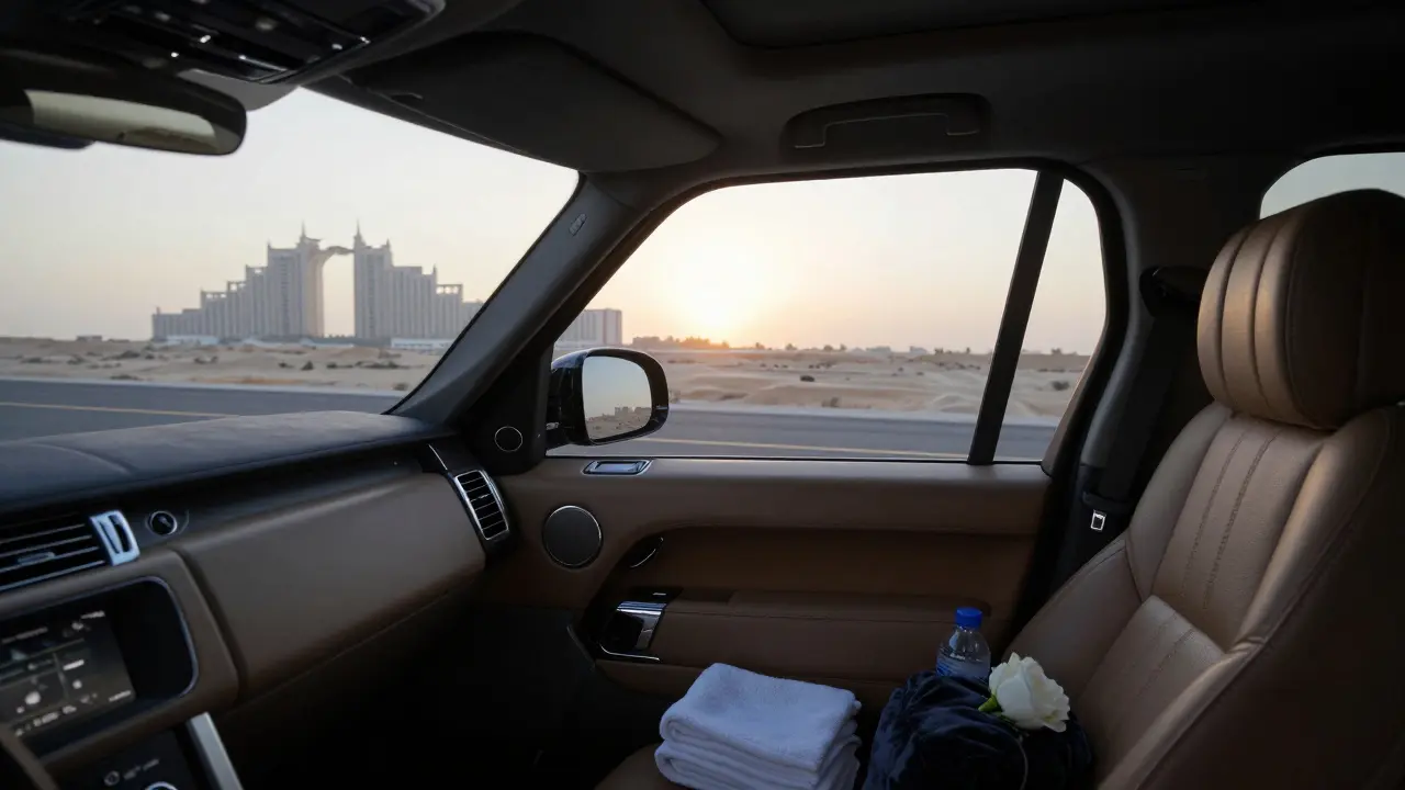 A pristine luxury car drives at dawn, a white rose on the back seat, the Emirates Palace visible in the distance.