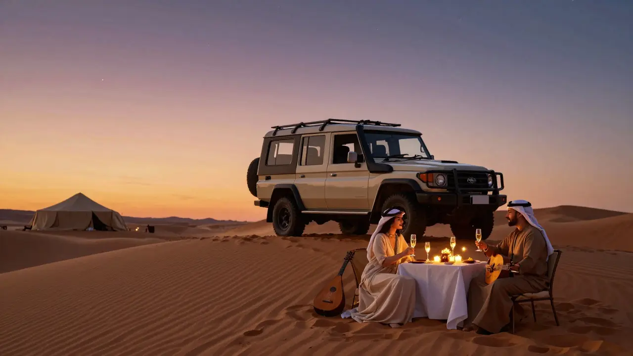 A private desert dinner under the stars with candlelit tables and golden dunes.