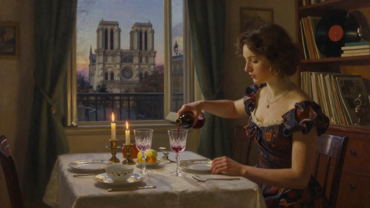 A private dinner in a Parisian apartment with candlelight, wine, and a view of Notre-Dame, conveying quiet emotional connection.