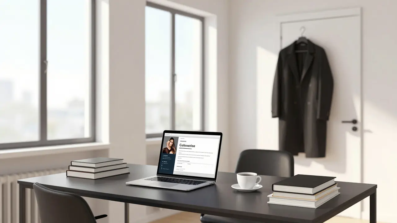 A professional's minimalist workspace in Milan with books, coffee, and a laptop—no explicit imagery.