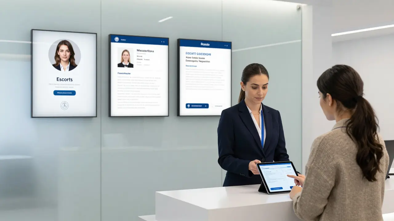 A professional agency office displaying verified escort profiles with health certifications and secure booking systems.