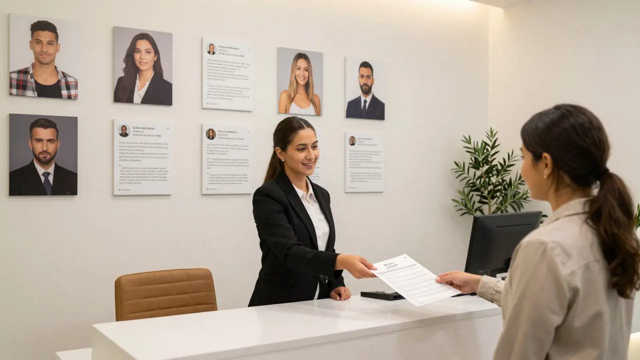 A professional escort agency office in Dubai with verified profiles and a client receiving a contract.