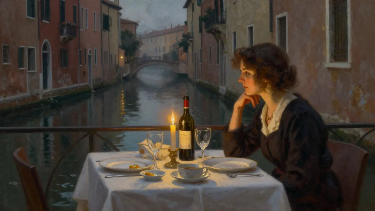 A quiet candlelit dinner on a terrace above the Navigli canals, with soft lighting and reflections on the water.