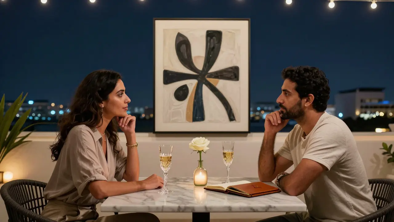A quiet conversation on a rooftop terrace under string lights, with art and champagne on a marble table.