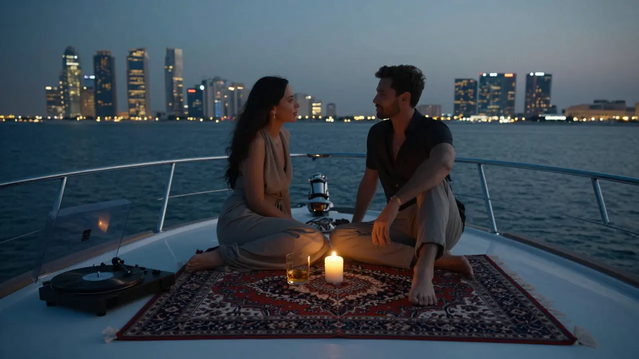 A quiet luxury yacht at twilight with candlelight and champagne, skyline glowing in the distance.
