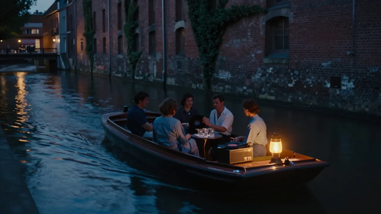 A quiet wooden boat drifting along a canal at dusk, lantern light reflecting on water, vintage glassware on board, no people clearly seen, only silhouettes.