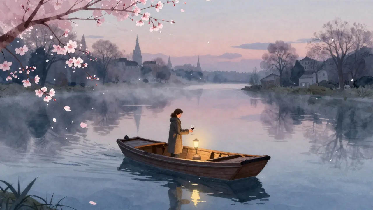 A secluded tiny boat at twilight, a woman receiving wine from the owner as mist rises from the river and cherry blossoms float by.