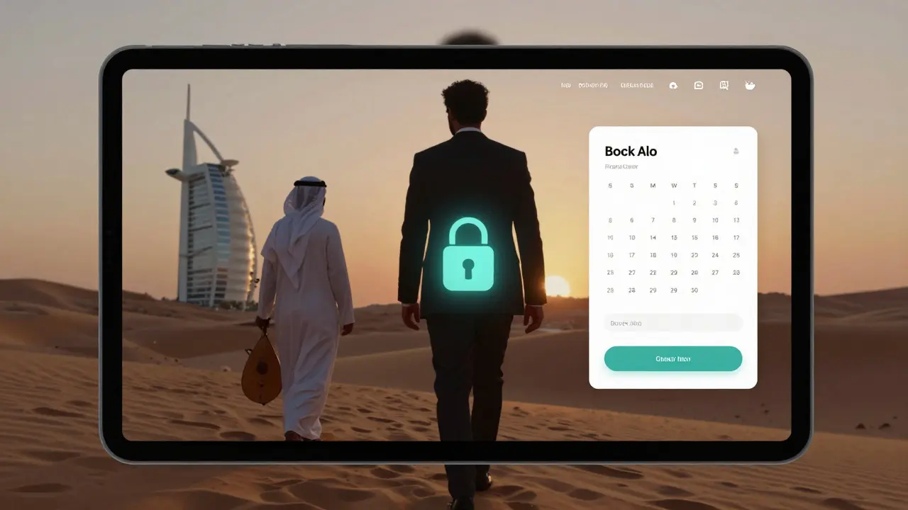 A secure digital booking portal with a desert sunset and oud in the background.