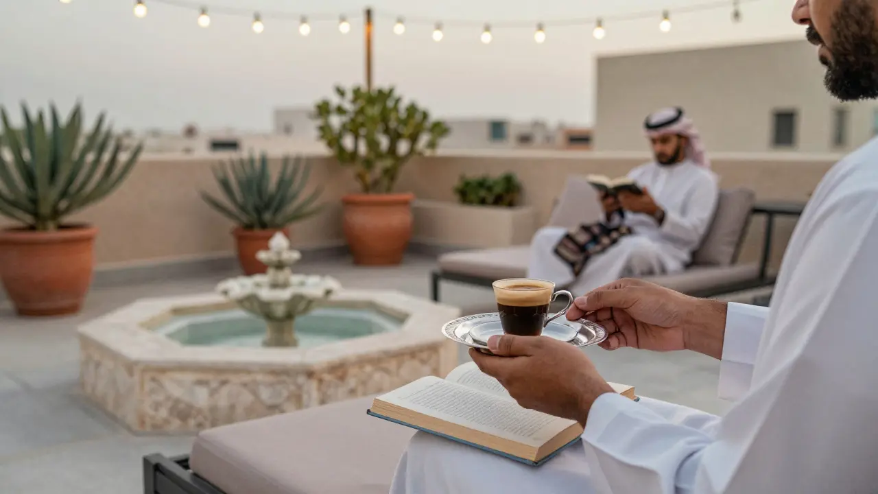 A serene rooftop garden at twilight with coffee offered in quiet, intimate setting.