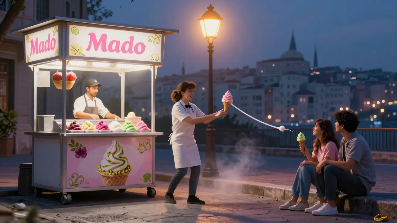 A server playfully teasing a customer with stretchy Turkish ice cream under a streetlamp at 2 a.m.